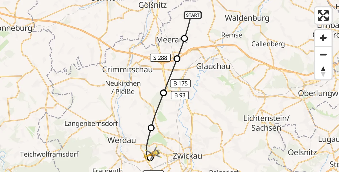 Flugroute Rettungshubschrauber Schönberg - ADAC Air Rescue Station Zwickau Hubschrauberlandeplatz, 15 August 2026, 10:11