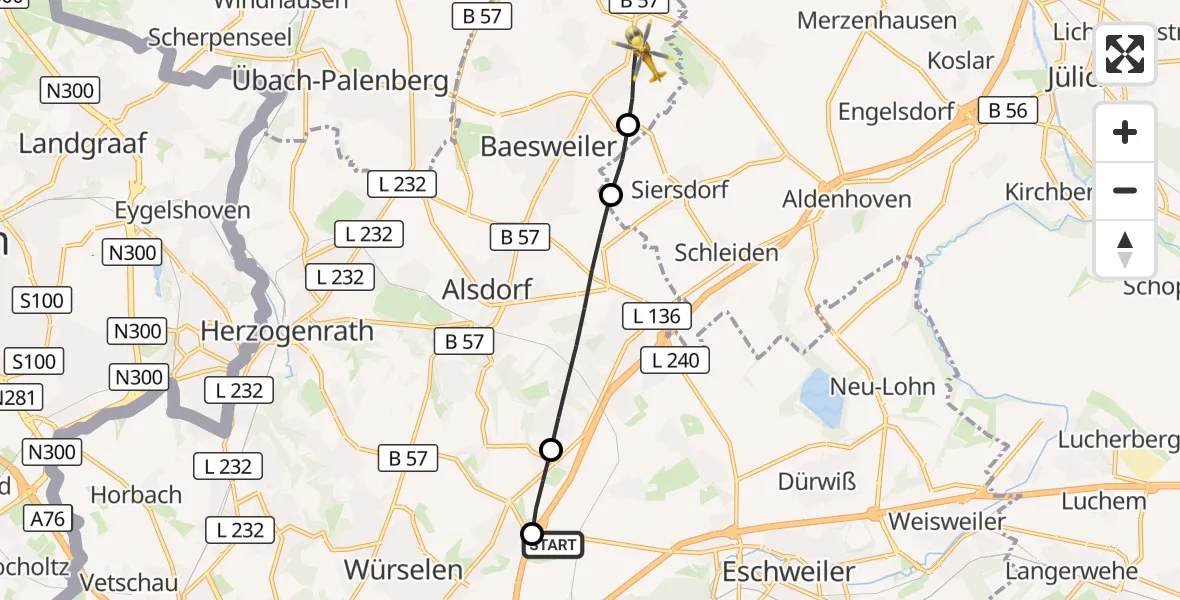 Flugroute Rettungshubschrauber Aachen-Merzbrück Flughafen - Baesweiler, 15 August 2026, 10:11