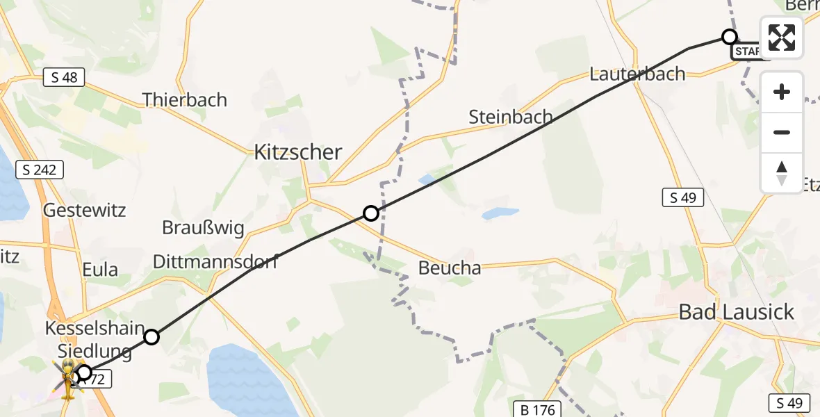 Flugroute Rettungshubschrauber Grimma - Sana Hospital Borna, 15 August 2026, 10:11
