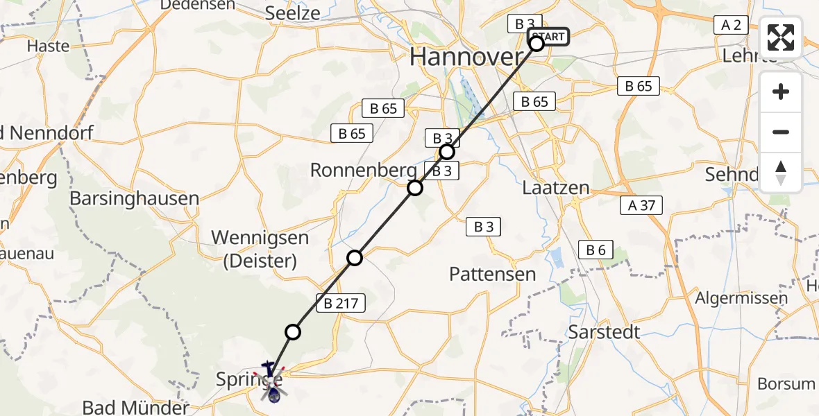Flugroute Polizeihubschrauber Hannover Luftrettung Hubschrauberlandeplatz (Christoph 4) - Springe, 15 August 2026, 10:16