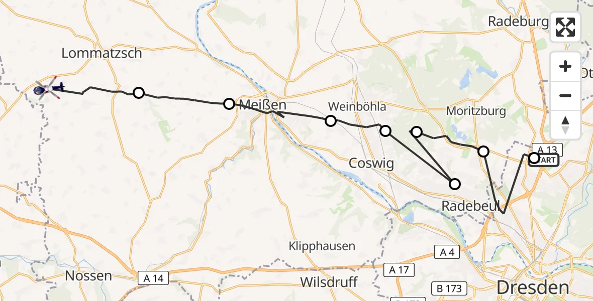 Flugroute Polizeihubschrauber Dresden Flughafen - Lommatzsch, 15 August 2026, 10:22