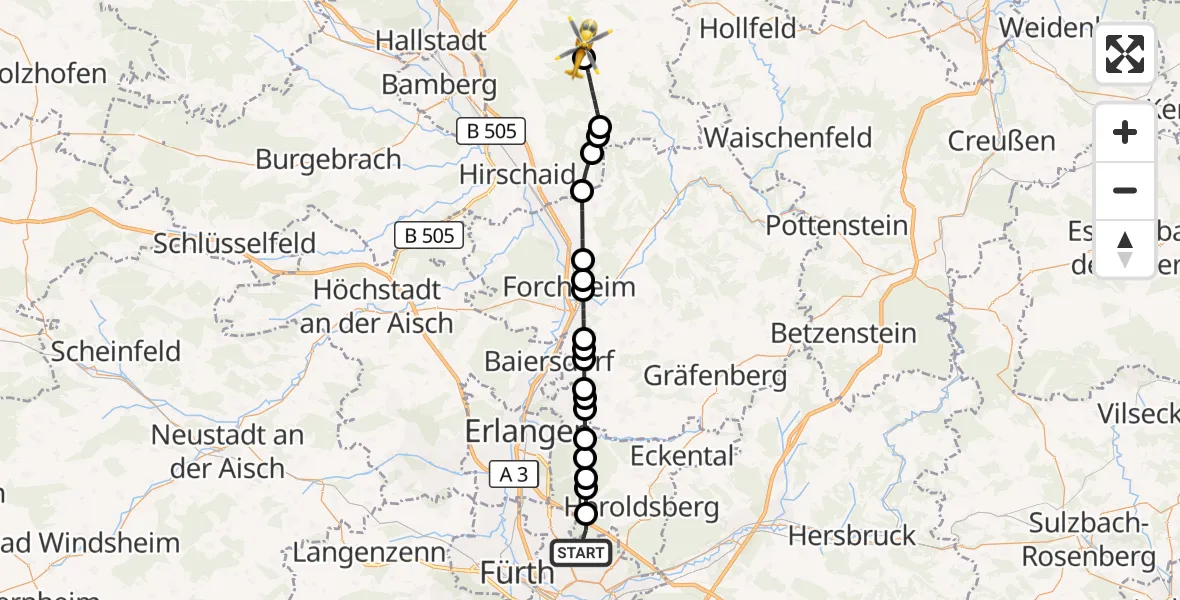 Flugroute Ambulanzhubschrauber Flughafen Nuremberg - Litzendorf, 15 August 2026, 10:28