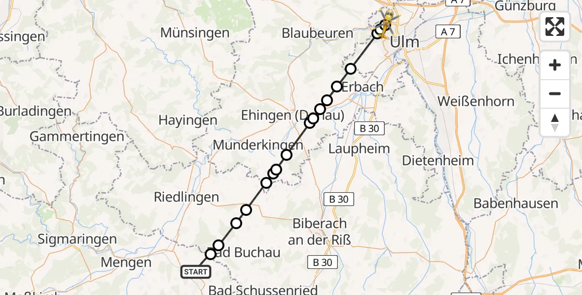 Flugroute Rettungshubschrauber Bad Saulgau - Ulm Military Hospital Emergency, 15 August 2026, 10:31