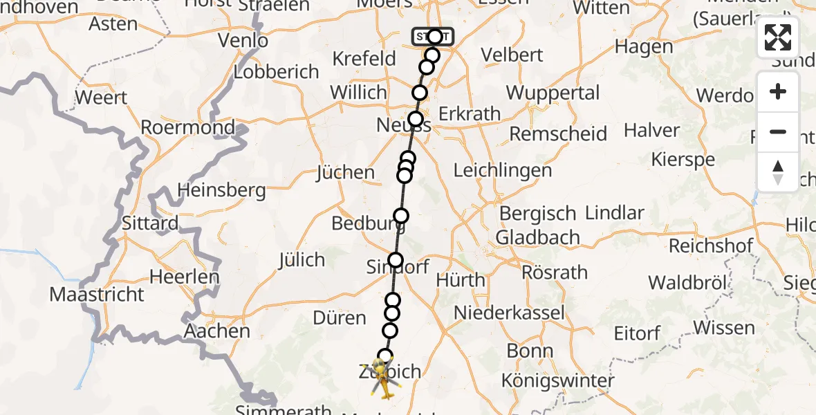 Flugroute Rettungshubschrauber Duisburg Air Rescue Hubschrauberlandeplatz (Christoph 9) - Zülpich, 15 August 2026, 10:33