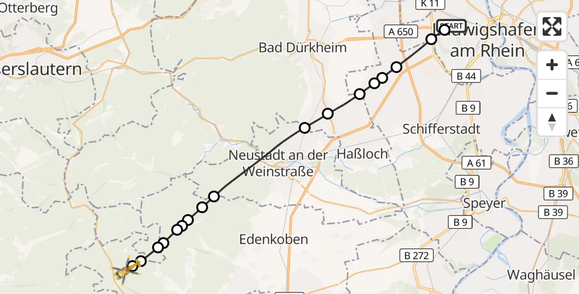 Flugroute Rettungshubschrauber Ludwigshafen Accident Hospital - Annweiler am Trifels, 15 August 2026, 10:39