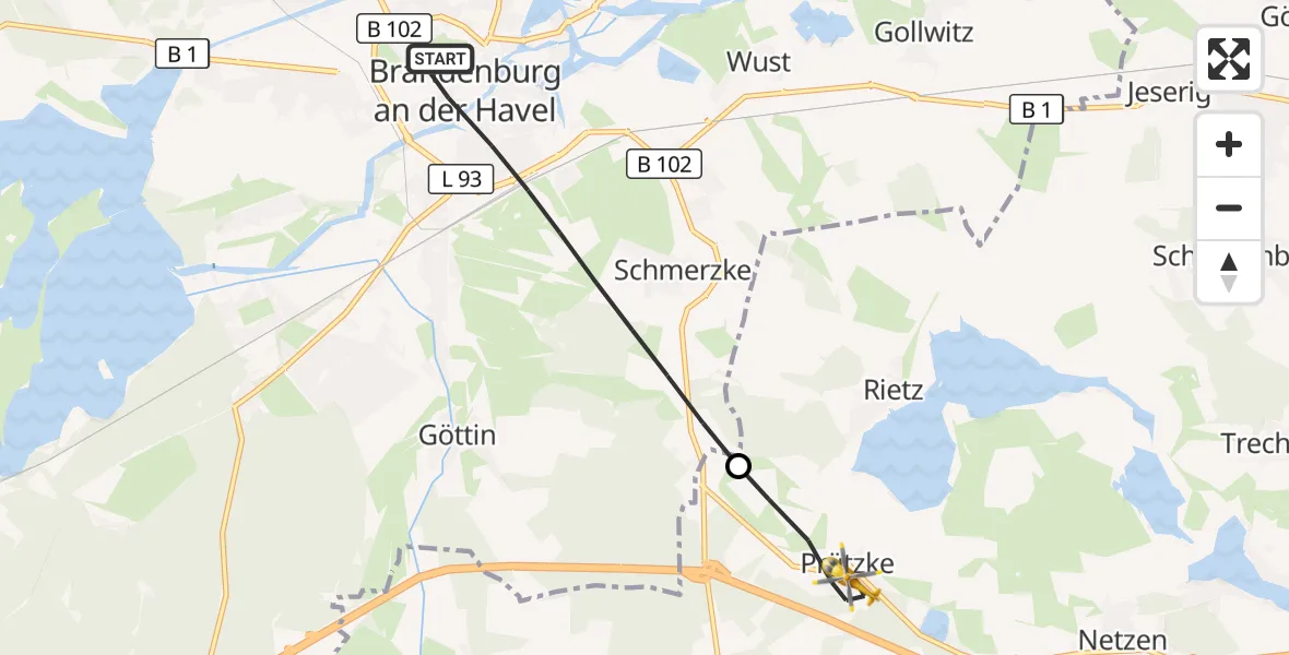 Flugroute Rettungshubschrauber Brandenburg an der Havel - Kloster Lehnin, 15 August 2026, 10:39