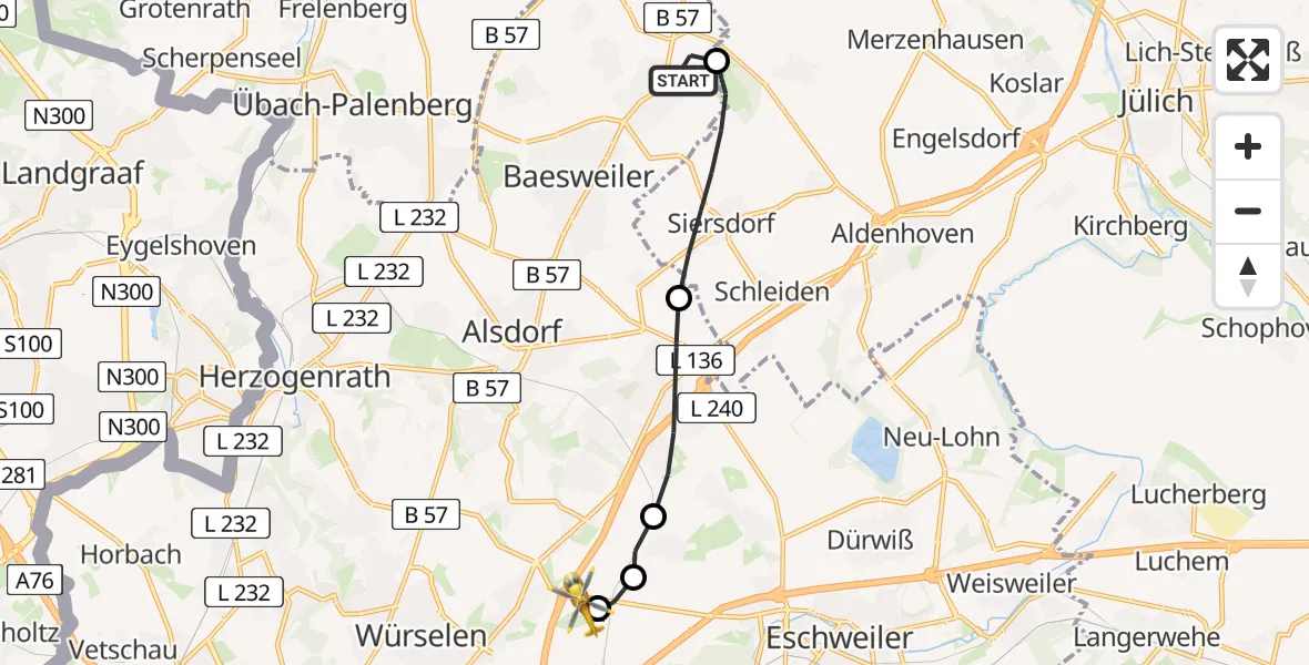 Flugroute Rettungshubschrauber Baesweiler - Aachen-Merzbrück Flughafen, 15 August 2026, 10:49