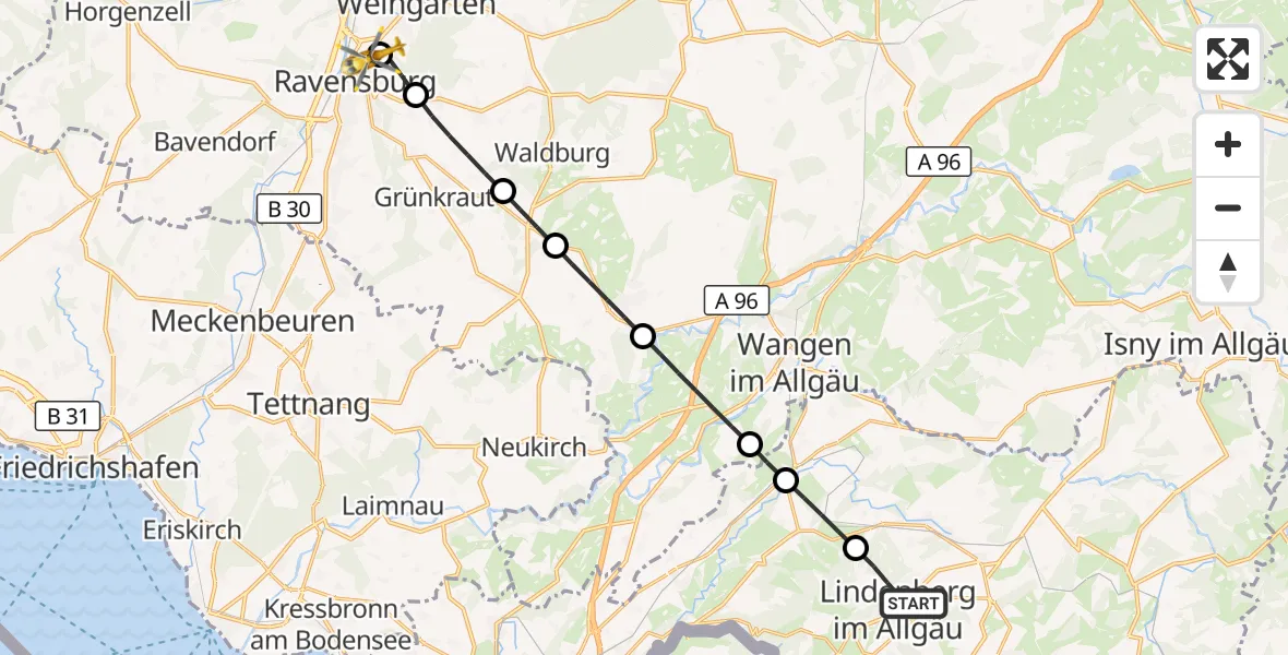 Flugroute Rettungshubschrauber Lindenberg i.Allgäu - Sankt Elisabeth Hospital, 15 August 2026, 10:56