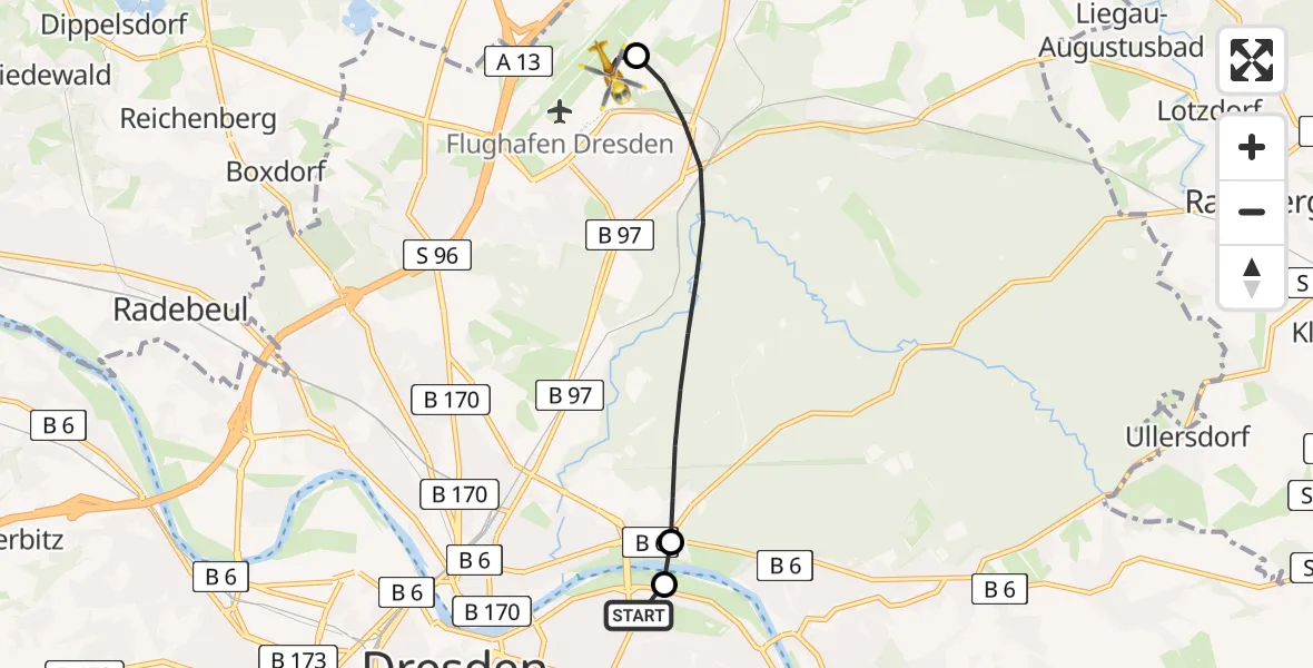 Flugroute Rettungshubschrauber Dresden University Hospital - Dresden Bundespolizei Hubschrauberlandeplatz, 15 August 2026, 10:57