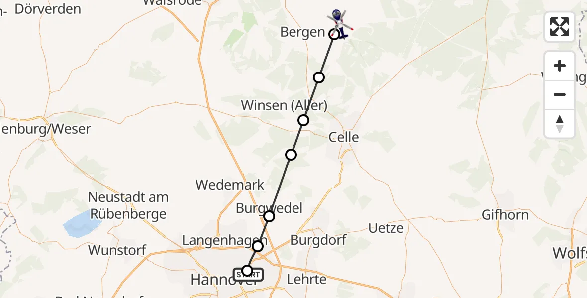 Flugroute Polizeihubschrauber Hannover Luftrettung Hubschrauberlandeplatz (Christoph 4) - Südheide, 15 August 2026, 10:59