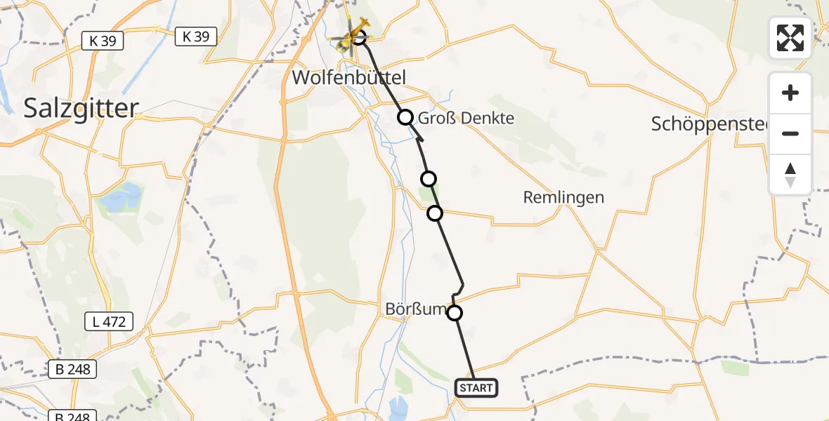 Flugroute Rettungshubschrauber Schladen-Werla - Wolfenbüttel Municipal Hospital Heliport (Christoph 30), 15 August 2026, 11:01
