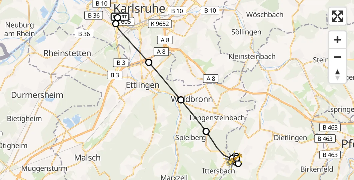 Flugroute Ambulanzhubschrauber Sankt Vincentius Hospital - Straubenhardt, 15 August 2026, 11:10