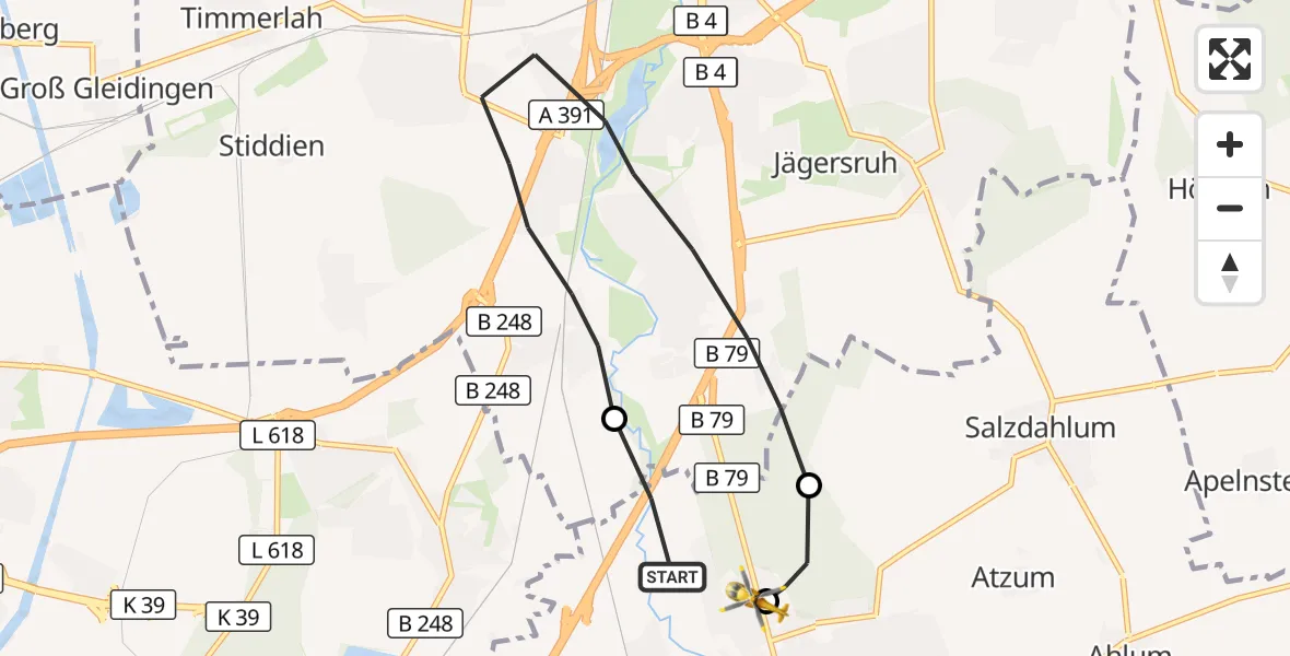 Flugroute Rettungshubschrauber Wolfenbüttel - Wolfenbüttel Municipal Hospital Heliport (Christoph 30), 15 August 2026, 11:11
