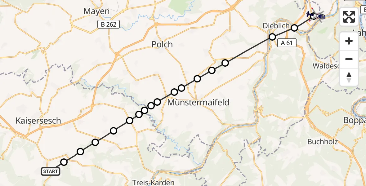 Flugroute Polizeihubschrauber Landkern - Koblenz-Winningen Flugplatz, 15 August 2026, 11:28