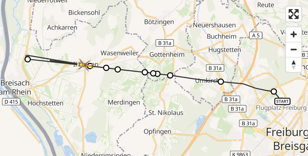 Flugroute Ambulanzhubschrauber Freiburg im Breisgau Flugplatz - Ihringen, 15 August 2026, 11:31