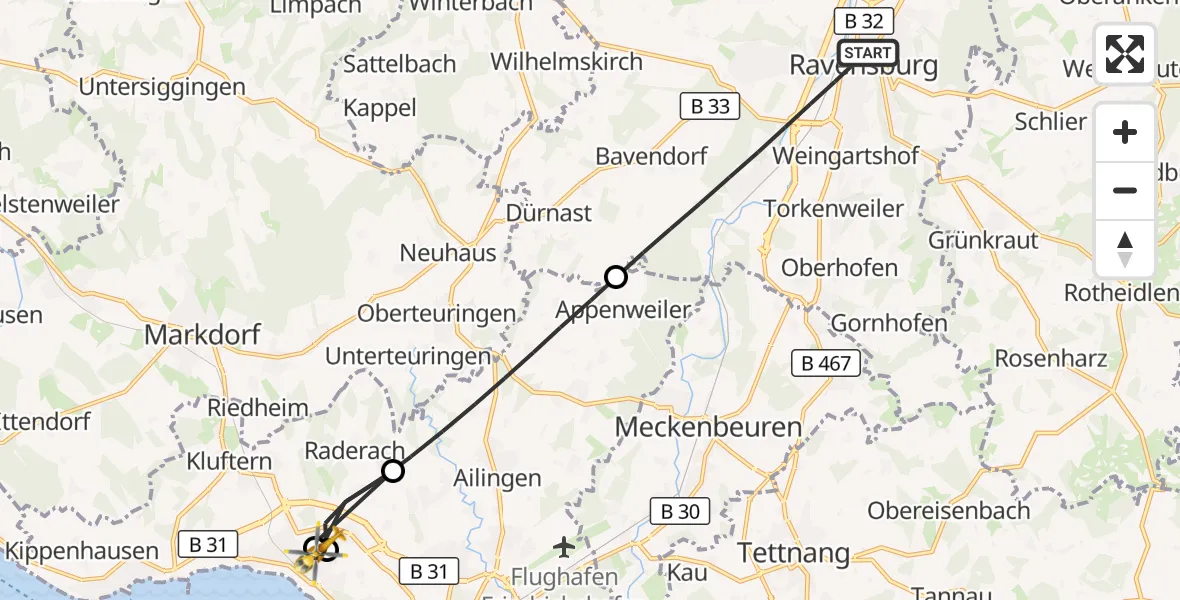 Flugroute Rettungshubschrauber Ravensburg - Friedrichshafen Hospital, 15 August 2026, 11:31