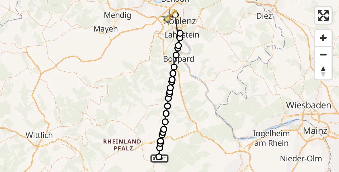Flugroute Rettungshubschrauber Mengerschied - Koblenz, 15 August 2026, 11:31