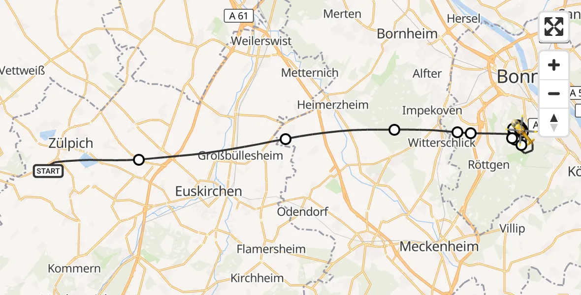 Flugroute Rettungshubschrauber Zülpich - Bonn University Hospital Hubschrauberlandeplatz, 15 August 2026, 11:33