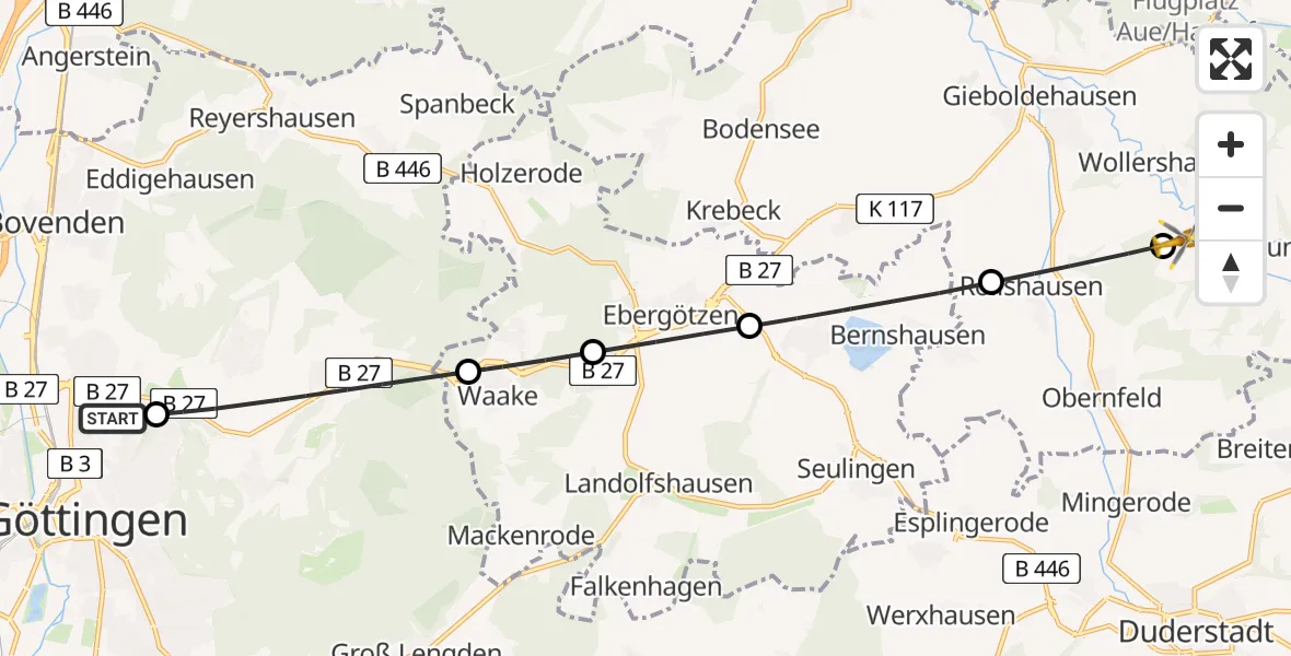 Flugroute Rettungshubschrauber Göttingen University Clinic Hubschrauberlandeplatz - Rüdershausen, 15 August 2026, 11:34