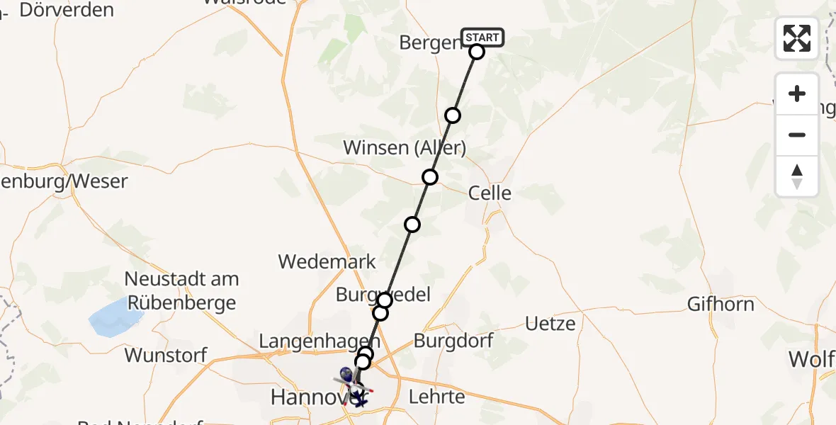 Flugroute Polizeihubschrauber Südheide - Hannover Luftrettung Hubschrauberlandeplatz (Christoph 4), 15 August 2026, 11:34
