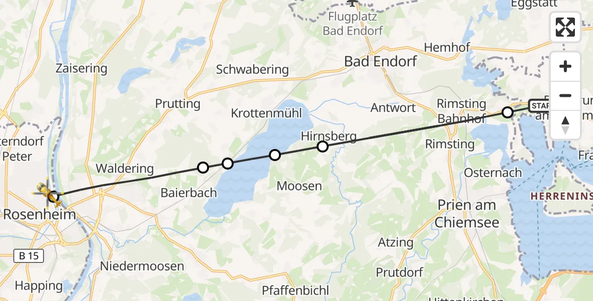 Flugroute Rettungshubschrauber Breitbrunn a.Chiemsee - RoMed Hospital Rosenheim, 15 August 2026, 11:42