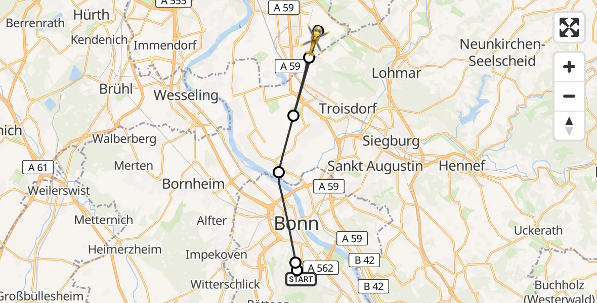 Flugroute Ambulanzhubschrauber Bonn - Köln Bonn Flughafen, 15 August 2026, 11:45