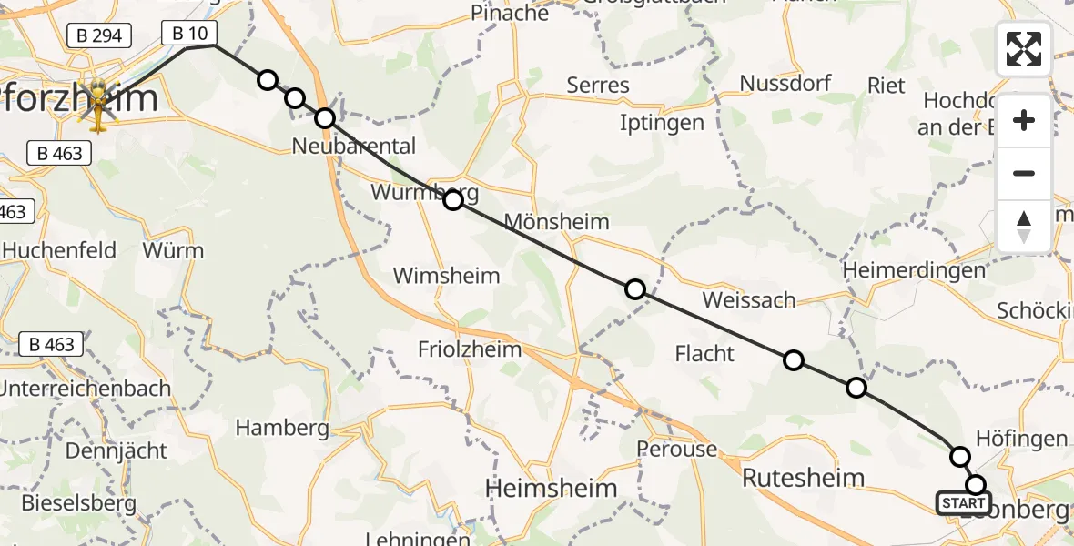 Flugroute Rettungshubschrauber Leonberg Hospital - Pforzheim, 15 August 2026, 11:46