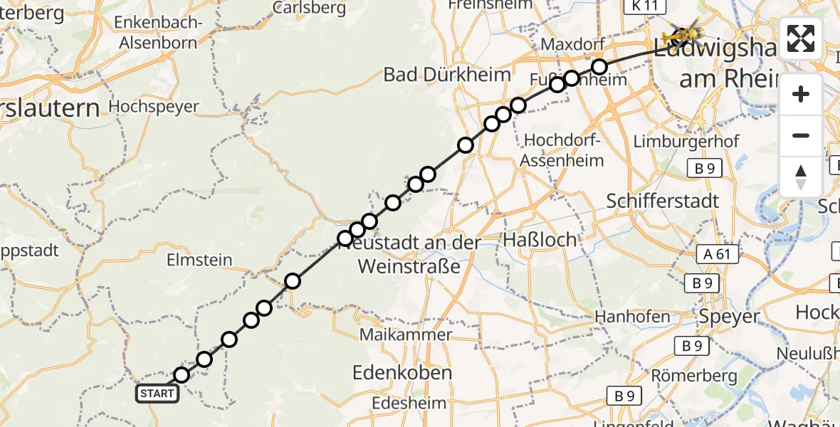 Flugroute Rettungshubschrauber Albersweiler - Ludwigshafen Accident Hospital, 15 August 2026, 11:47