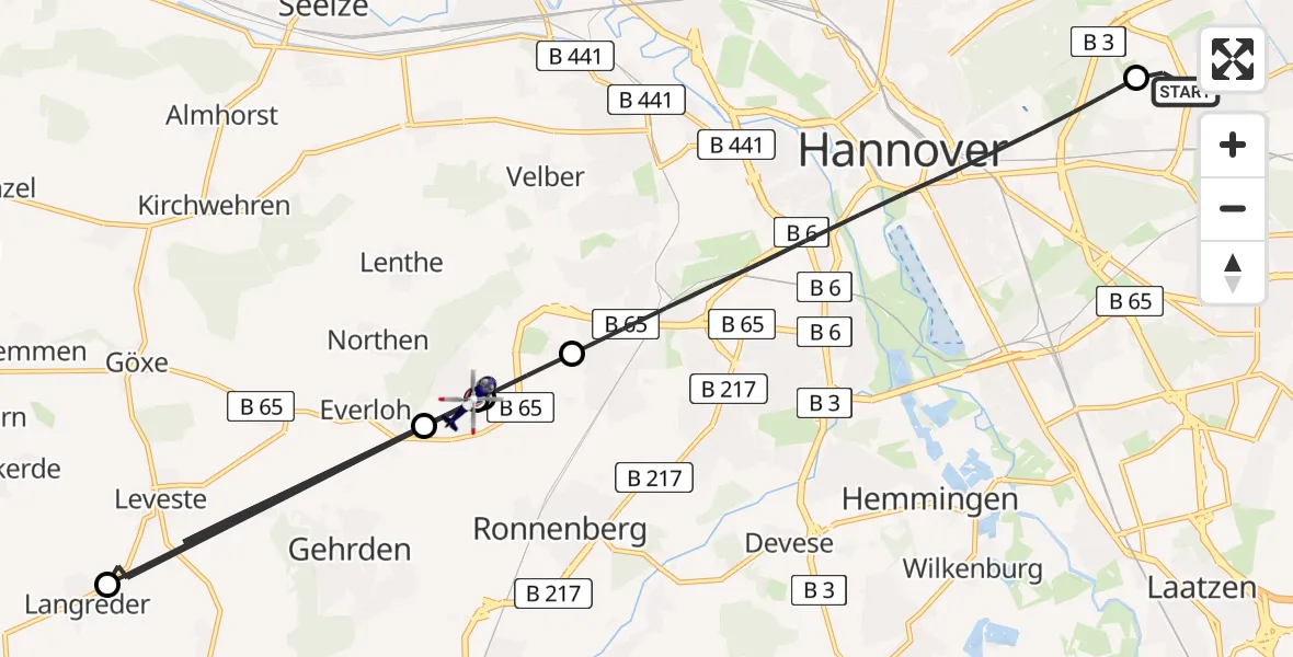 Flugroute Polizeihubschrauber Hannover Luftrettung Hubschrauberlandeplatz (Christoph 4) - Ronnenberg, 15 August 2026, 11:50