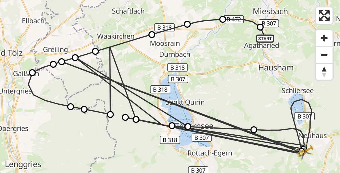 Flugroute Rettungshubschrauber Agatharied Hospital - Schliersee, 15 August 2026, 11:54