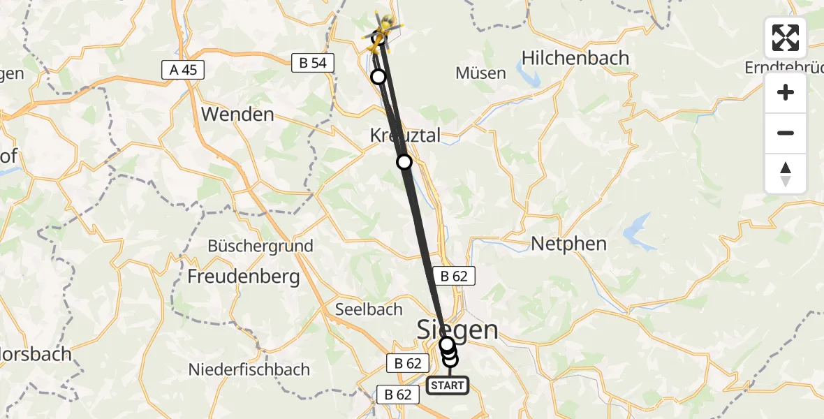 Flugroute Rettungshubschrauber Evangelisches Jung-Stilling Hospital - Kreuztal, 15 August 2026, 11:56