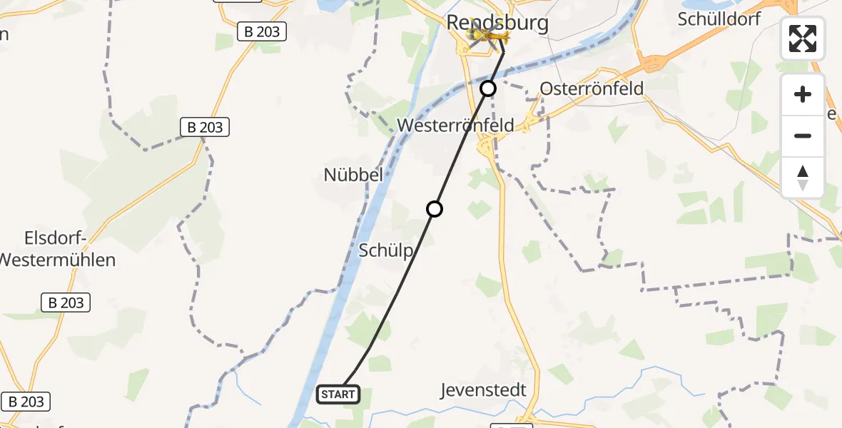 Flugroute Ambulanzhubschrauber Schülp b.Rendsburg - Rendsburg, 15 August 2026, 12:01