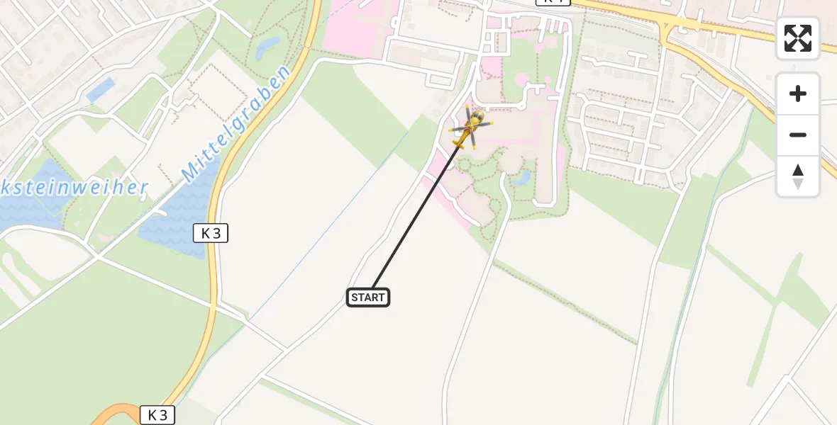 Flugroute Rettungshubschrauber Ludwigshafen am Rhein - Ludwigshafen Accident Hospital, 15 August 2026, 12:02
