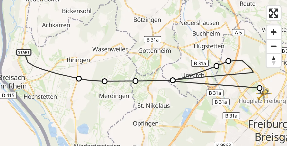Flugroute Ambulanzhubschrauber Breisach am Rhein - Freiburg im Breisgau Flugplatz, 15 August 2026, 12:04