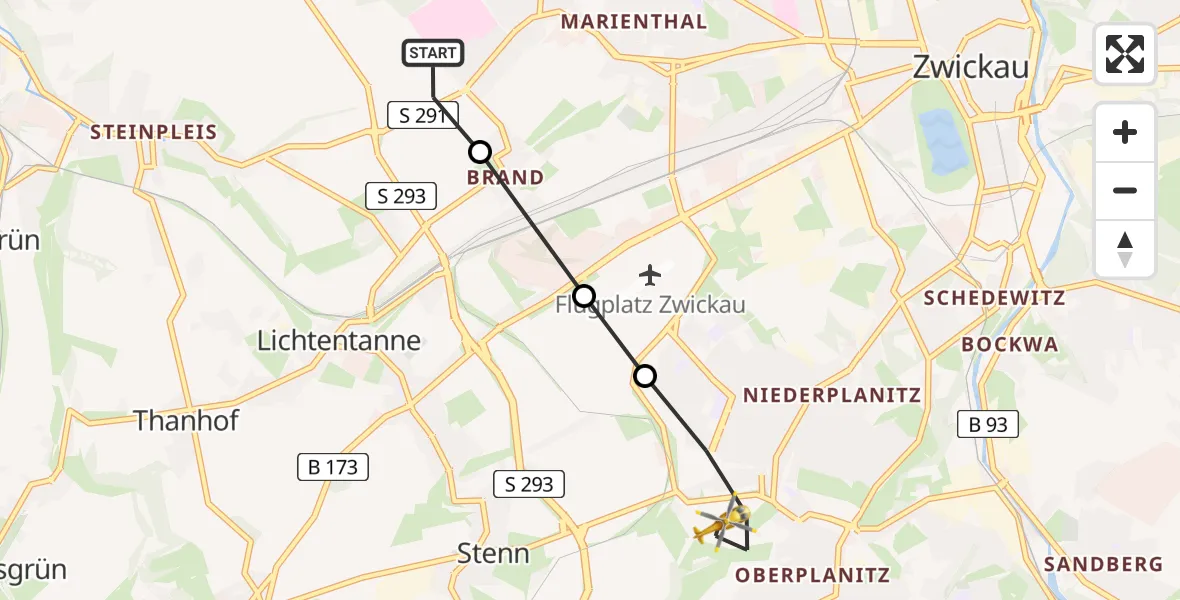 Flugroute Rettungshubschrauber ADAC Air Rescue Station Zwickau Hubschrauberlandeplatz - Zwickau, 15 August 2026, 12:07