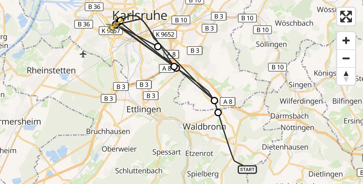Flugroute Ambulanzhubschrauber Karlsbad - Sankt Vincentius Hospital, 15 August 2026, 12:10