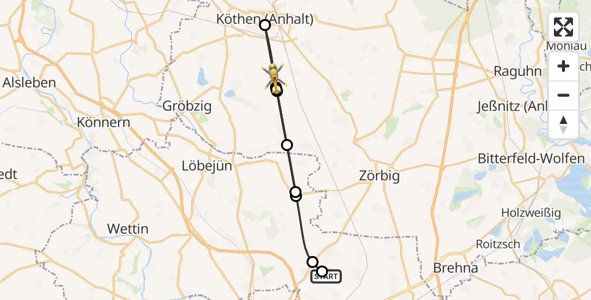 Flugroute Rettungshubschrauber Halle-Oppin Flugplatz - Köthen (Anhalt), 15 August 2026, 12:27
