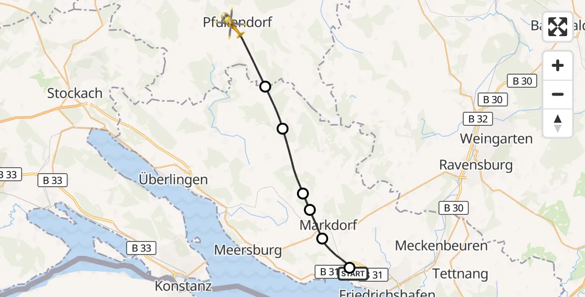Flugroute Rettungshubschrauber Friedrichshafen Hospital - Pfullendorf, 15 August 2026, 12:31
