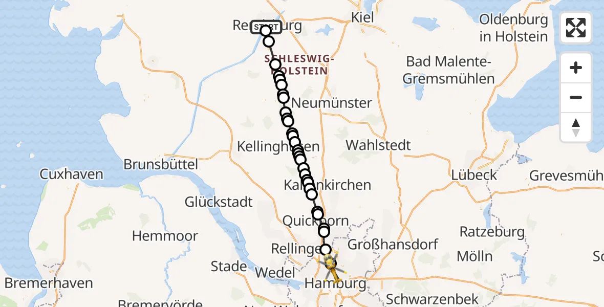 Flugroute Ambulanzhubschrauber Rendsburg - Hamburg, 15 August 2026, 12:33