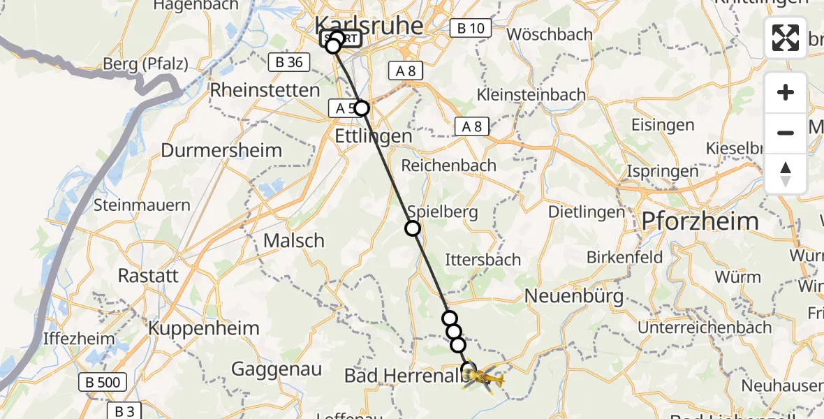 Flugroute Ambulanzhubschrauber Sankt Vincentius Hospital - Dobel, 15 August 2026, 12:34