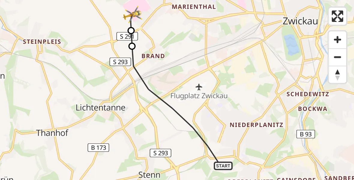 Flugroute Rettungshubschrauber Zwickau - ADAC Air Rescue Station Zwickau Hubschrauberlandeplatz, 15 August 2026, 12:36