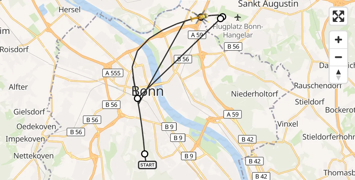 Flugroute Rettungshubschrauber Bonn University Hospital - Bonn, 15 August 2026, 12:40