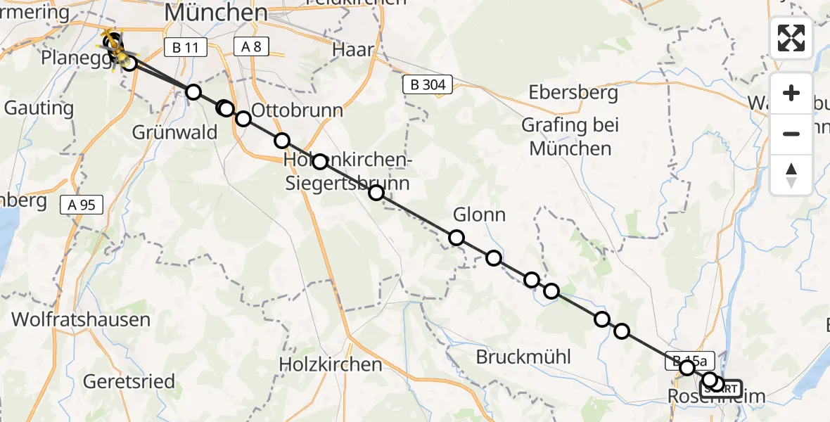 Flugroute Rettungshubschrauber RoMed Hospital Rosenheim - DRF Air Rescue München Hubschrauberlandeplatz, 15 August 2026, 12:43