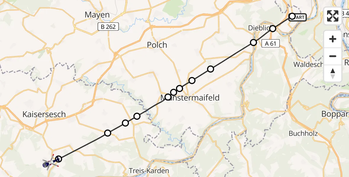 Flugroute Polizeihubschrauber Koblenz-Winningen Flugplatz - Greimersburg, 15 August 2026, 12:44