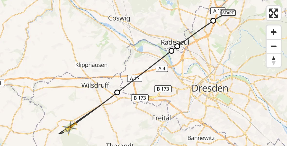 Flugroute Rettungshubschrauber Dresden Flughafen - Wilsdruff, 15 August 2026, 12:51