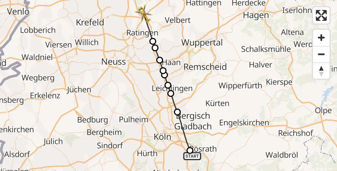 Flugroute Rettungshubschrauber Köln Bonn Flughafen - Ratingen, 15 August 2026, 12:54