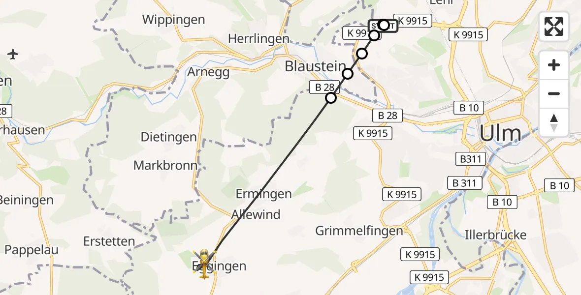 Flugroute Rettungshubschrauber Ulm Military Hospital Emergency - Ulm, 15 August 2026, 13:00