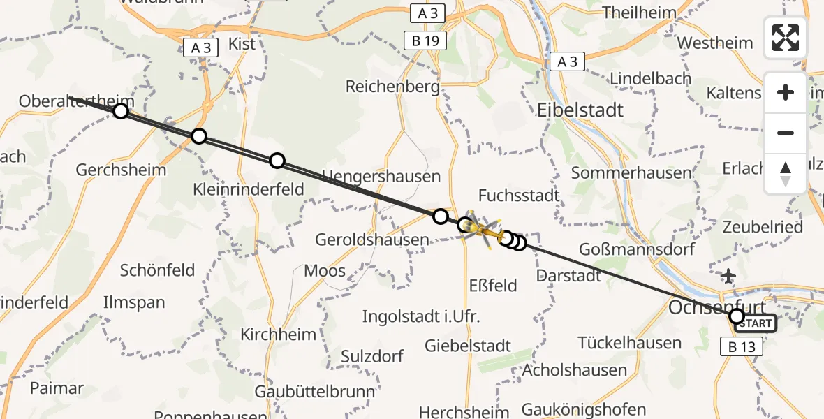 Flugroute Rettungshubschrauber Ochsenfurt Hospital - Giebelstadt, 15 August 2026, 13:01