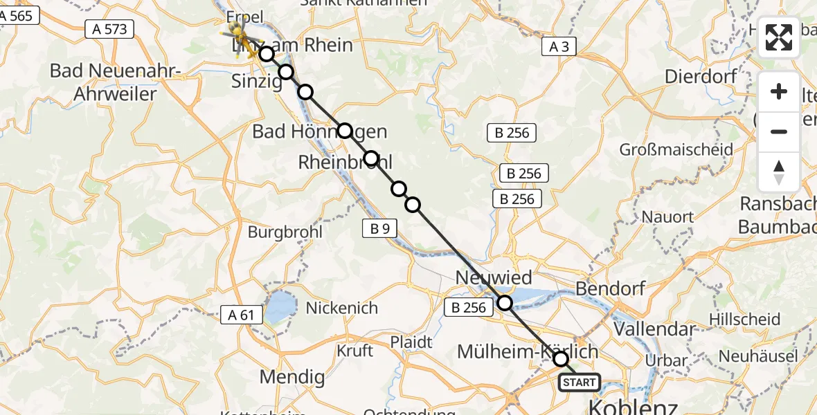 Flugroute Rettungshubschrauber Koblenz - Remagen, 15 August 2026, 13:03