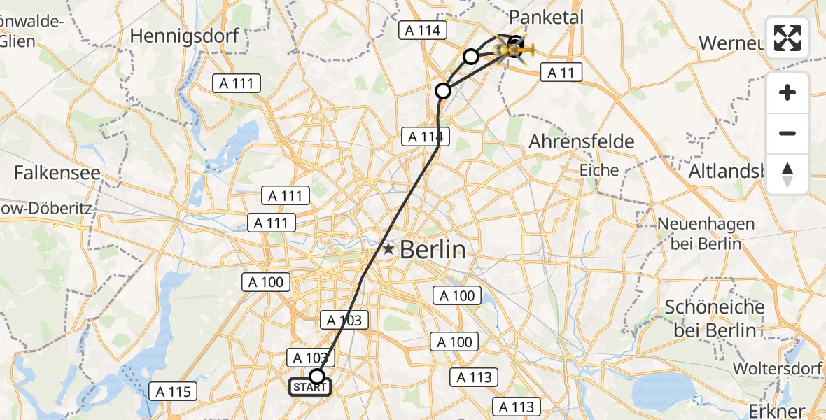 Flugroute Rettungshubschrauber Charité Clinic Benjamin Franklin Campus - Helios Clinic Berlin-Buch, 15 August 2026, 13:03